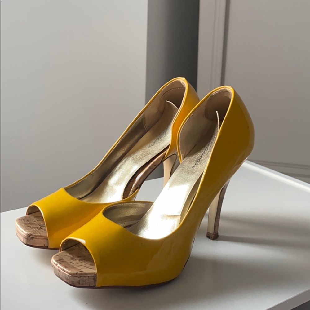 mustard yellow heels with cork heel